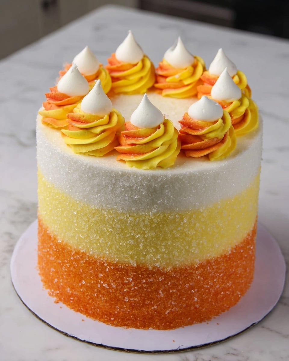 A slice of three-layered cake sits on a white plate, placed on a white marbled surface. The cake has a bottom layer in bright yellow, a middle layer in vivid orange, and a top layer in light cream color. Between each layer is a thin white frosting. On top of the slice is a swirl of white whipped cream with small touches of orange and yellow frosting underneath. In the background, the whole cake with the same three colorful layers is visible on a white stand. The scene is in a kitchen setting with metal and black cooking tools slightly blurred in the background. Photo taken with an iphone --ar 4:5 --v 7