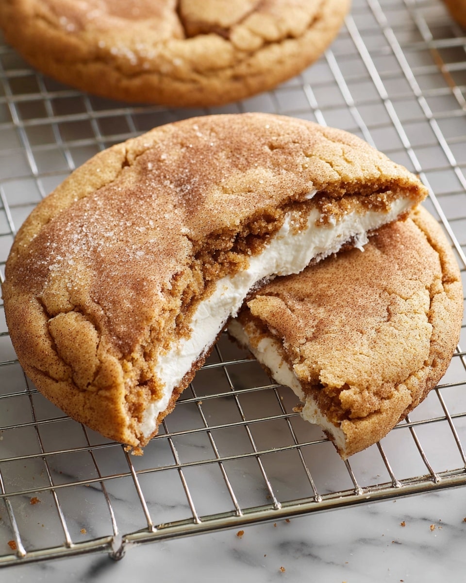 A large, round cookie with a light brown top is shown on a silver cooling rack placed over a white marbled surface. The cookie is broken to reveal a thick layer of white creamy filling inside, which has a slightly chunky texture. The cookie surface has a soft, slightly cracked look with a mixture of light and darker brown areas, suggesting a cinnamon or sugar topping. Photo taken with an iphone --ar 4:5 --v 7
