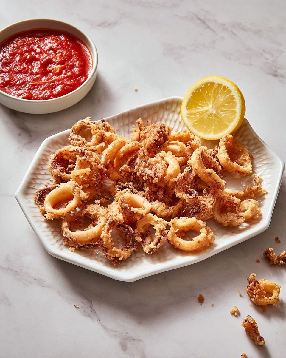 A white hexagon plate holds a pile of golden brown fried calamari rings and tentacles with a light crispy texture, scattered across the plate. Three lemon wedges with bright yellow pulp and white rind sit at the top edge of the plate. To the right of the plate is a white oval bowl filled with chunky deep red marinara sauce with a few calamari pieces on top. Above the plate, a small white bowl contains lemon wedges on a white marbled surface, with some crumbs scattered around. Photo taken with an iphone --ar 4:5 --v 7
