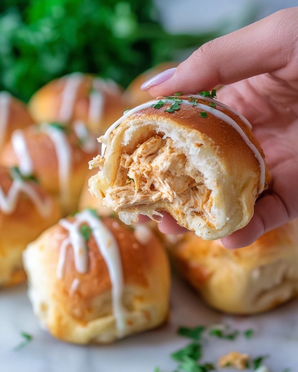 A close-up of a woman's hand holding a torn open golden-brown roll filled with soft, shredded light beige chicken inside. The roll’s surface has thin white sauce stripes and a slightly shiny, smooth texture with small bits of green herbs on top. In the background, several whole rolls with the same golden-brown color and white sauce drizzle rest on a white marbled surface, with blurred green leaves adding a fresh touch. Photo taken with an iphone --ar 4:5 --v 7