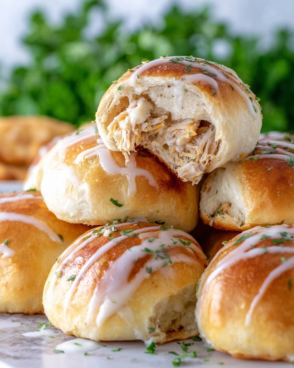 A close-up image showing a stack of round golden brown stuffed bread rolls on a white marbled surface, each roll with a smooth shiny outer layer drizzled with thin white sauce lines and sprinkled green herb bits. One roll is broken open at the top, revealing several layers inside with light beige shredded filling that looks soft and creamy, layered within the fluffy bread. The background shows blurred green leafy herbs. The scene conveys a warm, fresh baked look. photo taken with an iphone --ar 4:5 --v 7