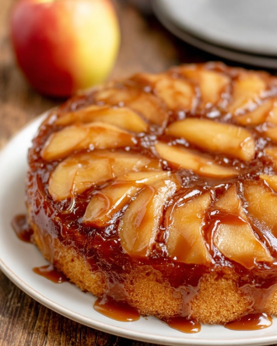 The image shows a round upside-down cake on a white plate, placed on a wooden surface. The cake has a glossy caramel layer on top with golden-brown cooked apple slices arranged in a circular pattern, overlapping slightly. The caramel sauce looks thick and shiny, dripping a little over the sides of the light brown cake base. The apple slices have a soft, translucent texture with hints of darker caramelized spots. In the blurred background, there is a whole light red and yellow apple. The overall look is warm and inviting. Photo taken with an iphone --ar 4:5 --v 7