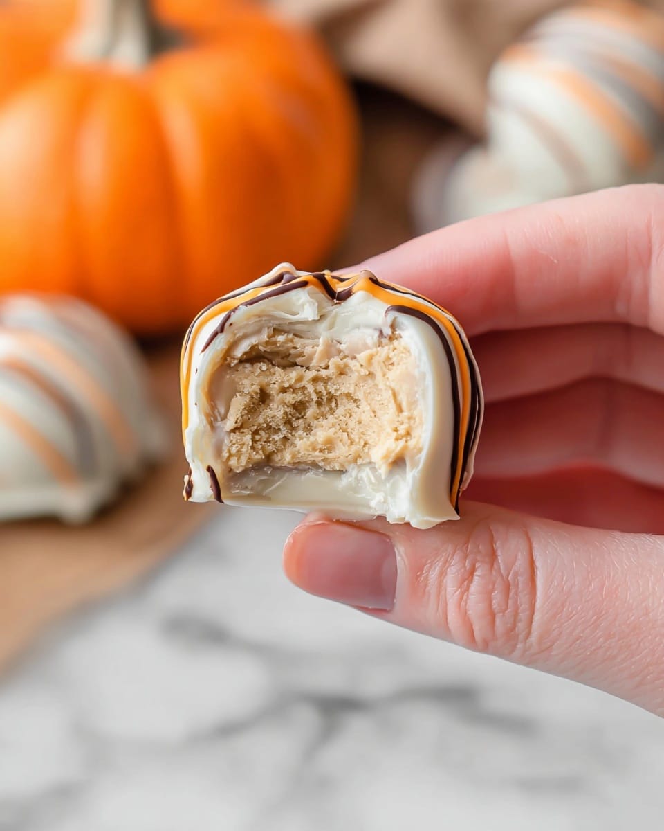 A close-up view of a woman’s hand holding a half-eaten round treat with three visible layers: the outer layer is smooth, white chocolate with thin orange and dark brown lines drizzled on top, the middle layer is a thick light brown creamy filling with a slightly crumbly texture, and the innermost layer is the same filling but more compact. In the blurred background, there is a small orange pumpkin and a white object on a white marbled surface. Photo taken with an iphone --ar 4:5 --v 7