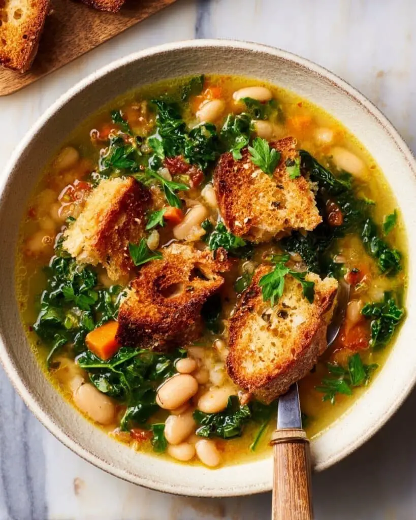Creamy Kale and White Bean Soup with Lemon and Herb Croutons Recipe