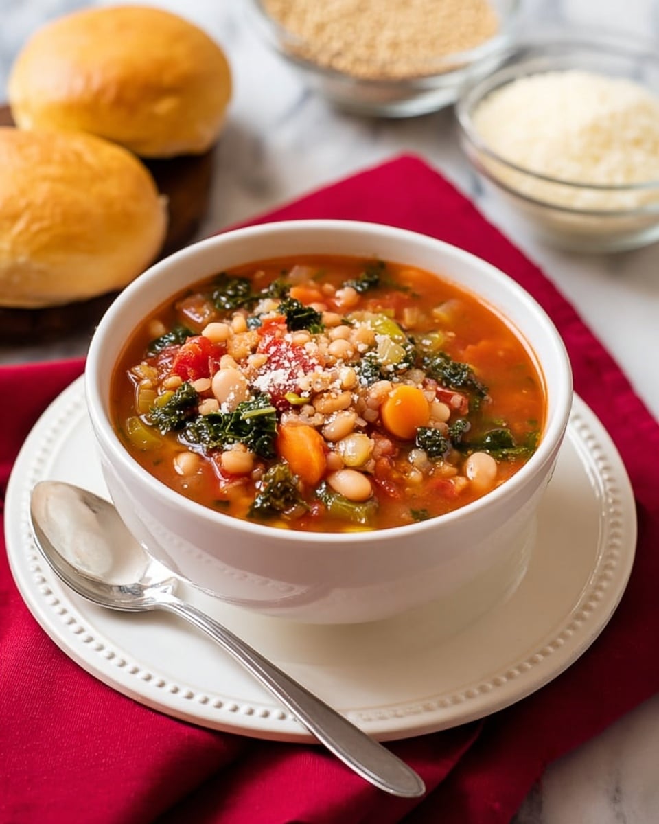 A white bowl filled with thick vegetable and bean soup showing layers of small white beans, chopped orange carrots, green leafy kale, diced tomatoes, and small grains all immersed in a rich reddish broth. The bowl sits on a white plate with decorative edges, placed on a white marbled surface partly covered by a red cloth napkin. To the left of the bowl are two round golden bread rolls and a silver spoon resting on the white plate. In the background, a glass bowl with white grated cheese and a small bowl filled with grains are visible. photo taken with an iphone --ar 4:5 --v 7