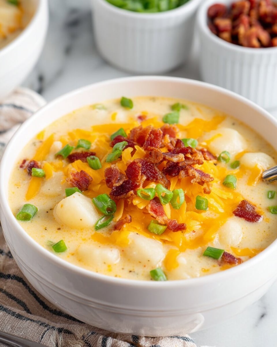 A white bowl filled with creamy potato soup that has a light yellow color in the liquid. Inside the soup, there are many small white potato cubes. On top, there is a layer of bright orange shredded cheddar cheese, small pieces of crispy dark red bacon, and bright green chopped green onions. The bowl sits on a white marbled surface, and behind it, there are blurred white containers with bacon pieces. photo taken with an iphone --ar 4:5 --v 7