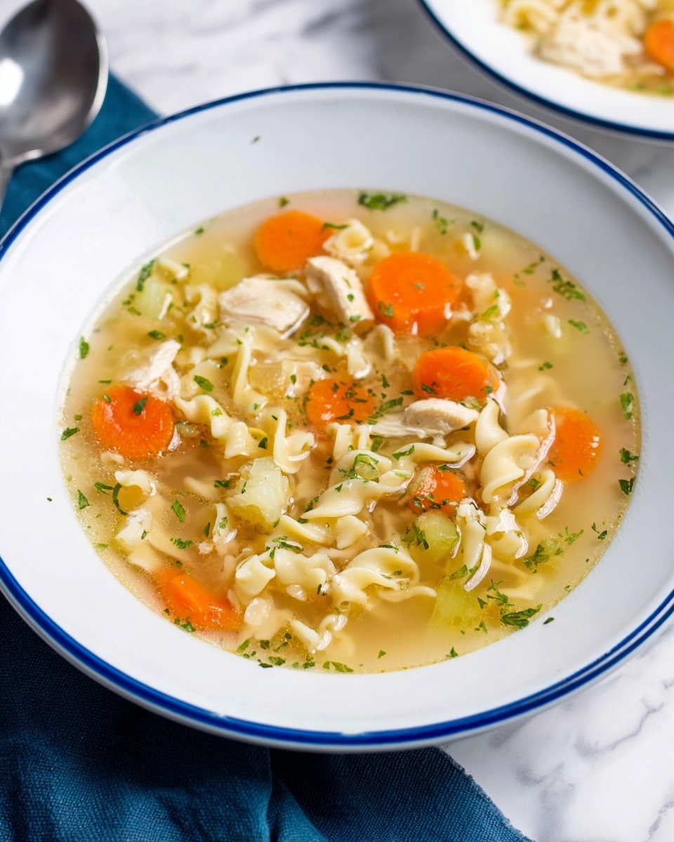 The image shows a white bowl with a thin blue rim filled with clear broth soup. The soup has three layers: a base layer of broth which is light yellow and clear, floating on top are soft, wavy noodles with curly edges that are pale beige, sliced bright orange carrot rounds, small pieces of light green celery, and small chunks of light beige cooked chicken. The soup is sprinkled with finely chopped green herbs on top, adding small green dots of color. The bowl sits on a white marbled surface with a dark blue cloth and a silver spoon near it. Photo taken with an iphone --ar 4:5 --v 7