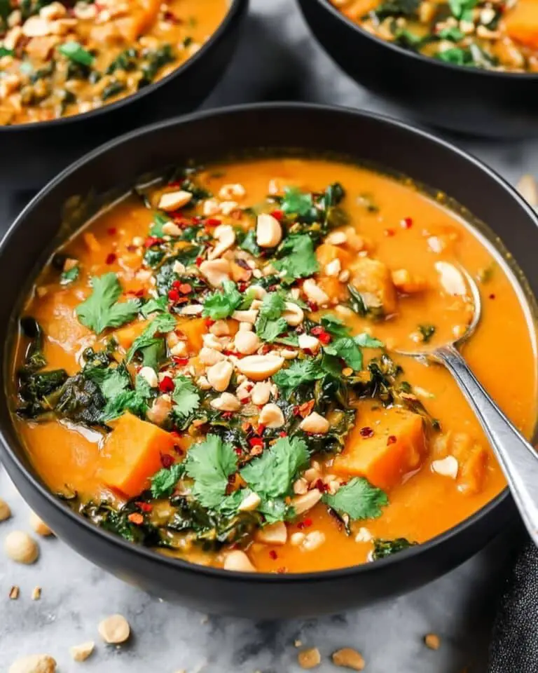 Spicy Peanut Soup with Sweet Potatoes, Kale, and Chickpeas Recipe