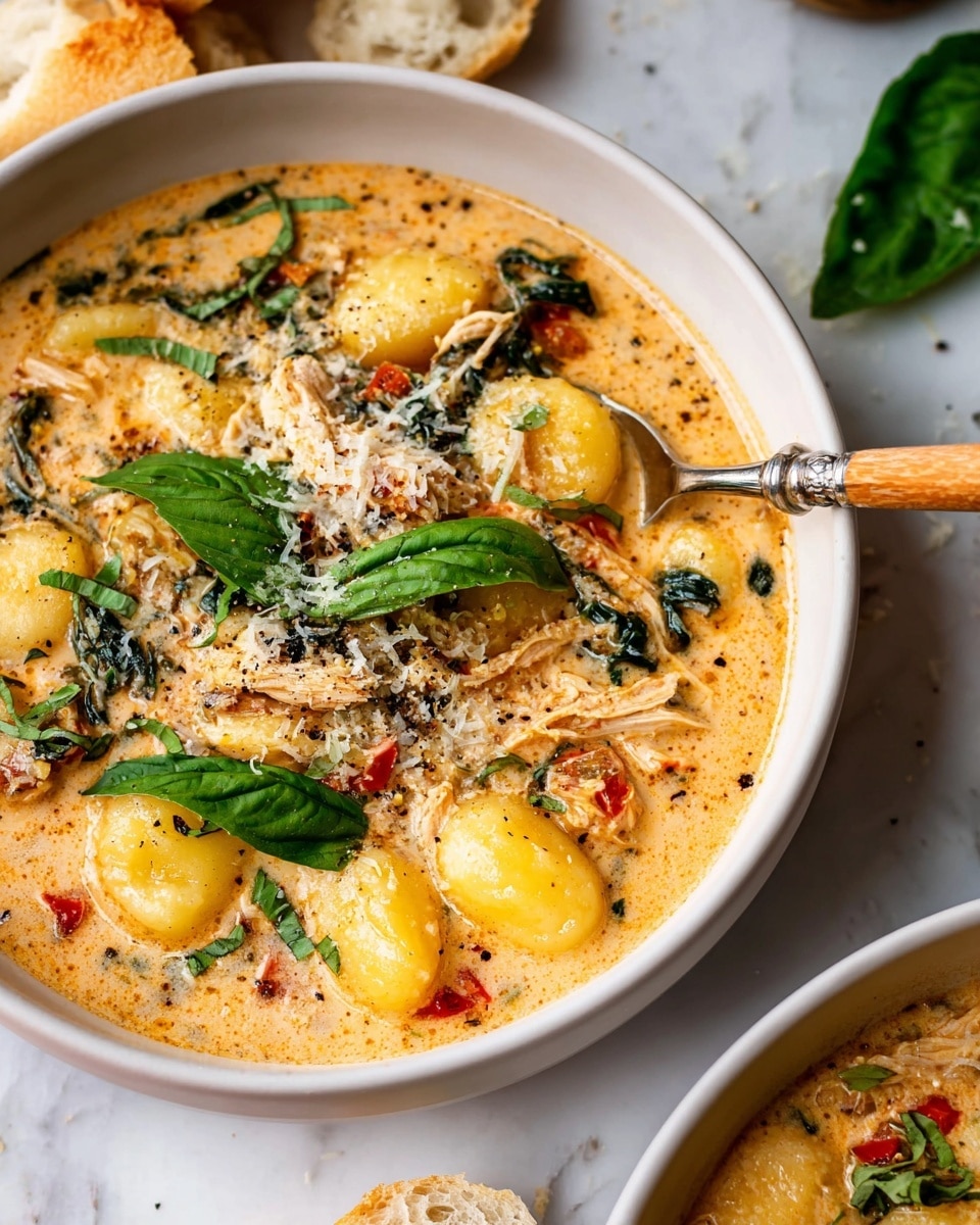 A close-up of a white bowl filled with a thick soup that has three main layers: a creamy light orange broth base, medium-sized yellow gnocchi, and shredded chicken mixed with dark green spinach pieces and small red pepper bits spread evenly throughout. The soup is topped with fresh, bright green basil leaves and a sprinkle of white grated cheese and black pepper. A silver spoon with a wooden handle rests inside the bowl, partially submerged in the soup. A piece of torn bread leans on the bowl’s edge. The bowl is set on a white marbled surface with bread pieces scattered around. Photo taken with an iphone --ar 4:5 --v 7