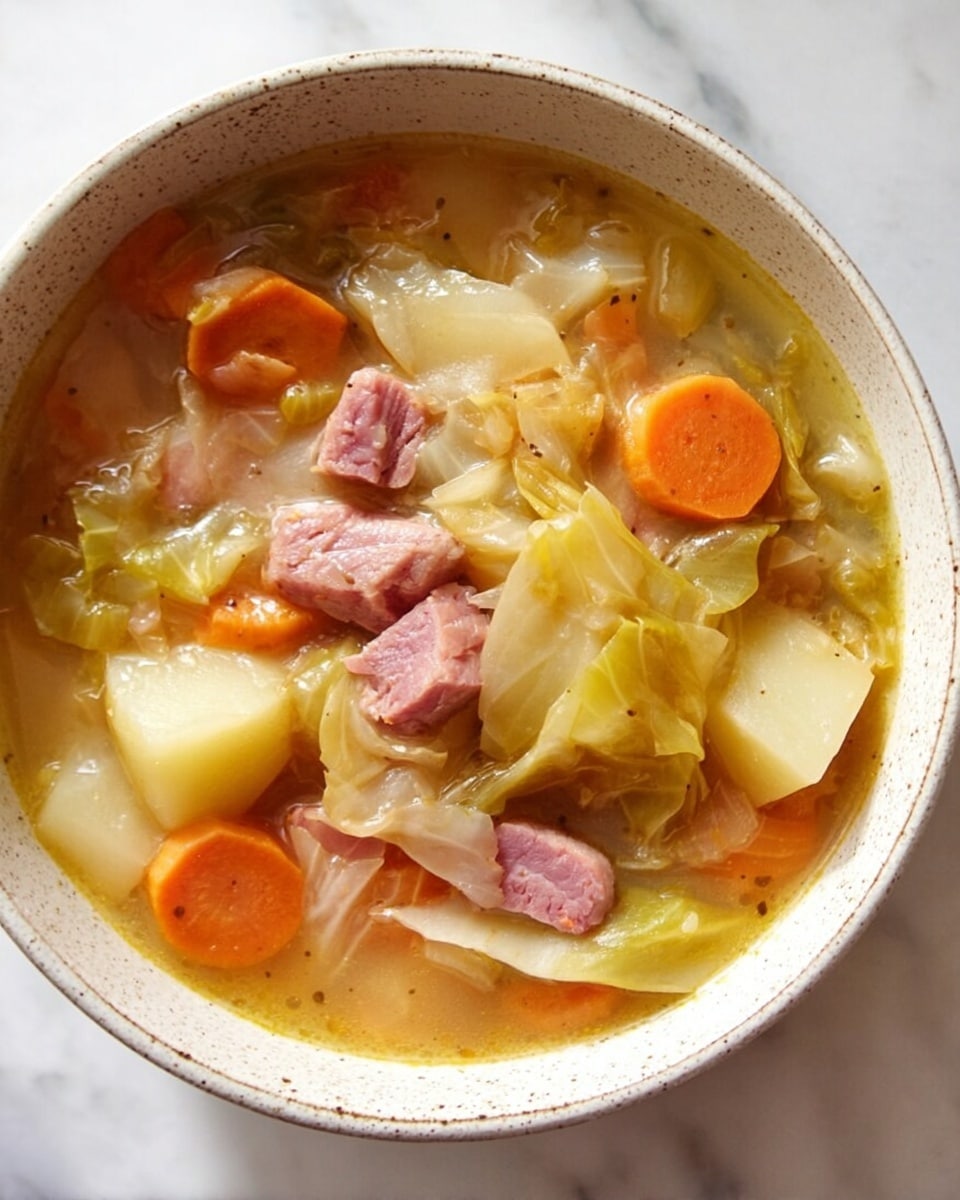 A close-up view of a white speckled bowl filled with soup, showing multiple layers of ingredients: light orange carrot slices scattered evenly throughout, large chunks of light yellow cabbage pieces spread around, soft beige potato cubes nestled under the vegetables, and torn pieces of pinkish cooked meat placed on top. The broth is golden and clear, slightly shiny. The bowl sits on a white marbled surface. photo taken with an iphone --ar 4:5 --v 7