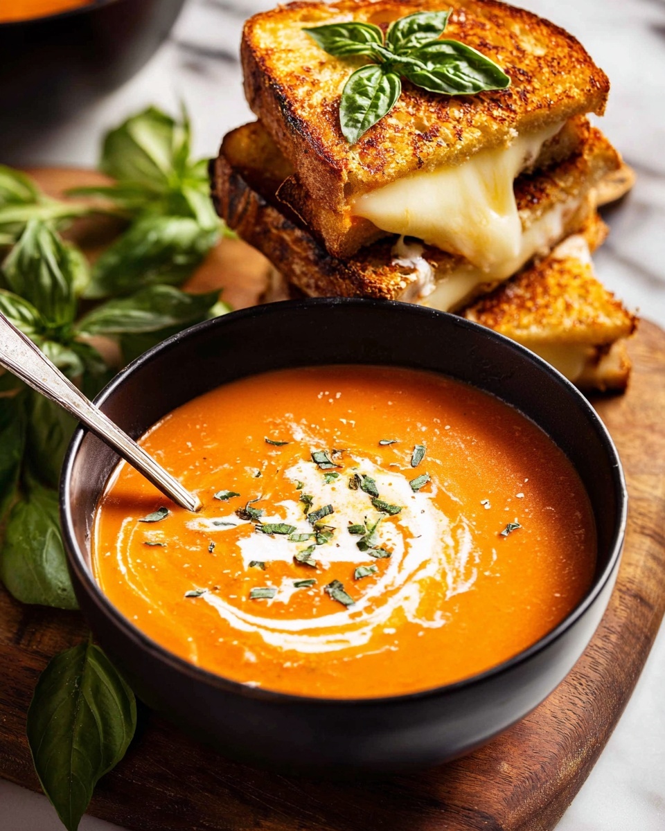 A black bowl filled with smooth orange tomato soup topped with a swirl of white cream and small green herb pieces, with a spoon resting inside the bowl. Behind the bowl, two stacked grilled cheese sandwiches with golden crispy toasted bread and melted pale yellow cheese oozing out are garnished with bright green basil leaves. Fresh basil sprigs sit to the side, all arranged on a wooden board over a white marbled surface. Photo taken with an iphone --ar 4:5 --v 7