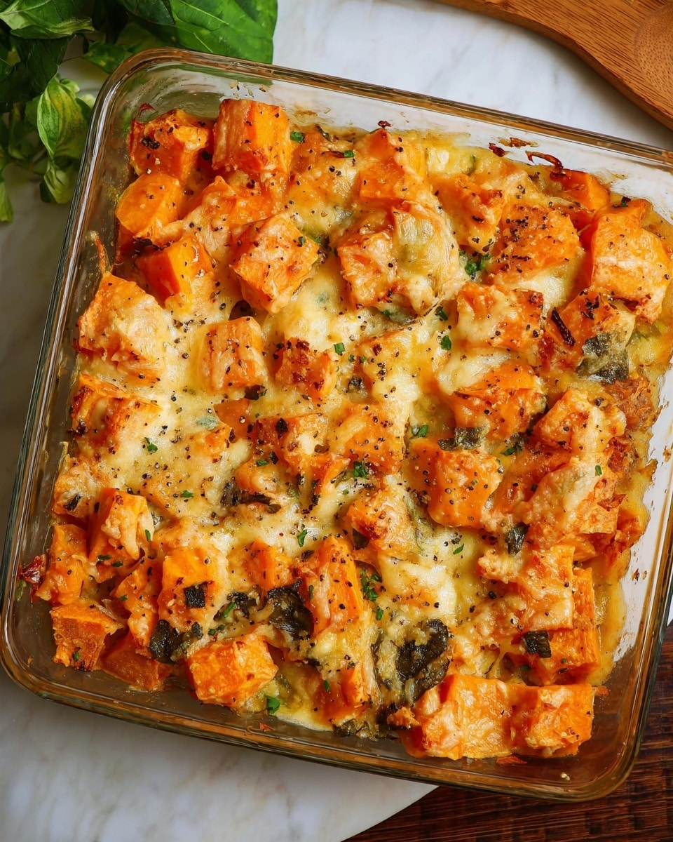 The image shows a clear glass square baking dish filled with a baked dish made of orange cubed pieces, likely sweet potatoes, mixed with melted cheese patches that are golden and bubbly on top. There are small bits of green herbs scattered throughout, adding color contrast. The mixture looks soft and slightly browned with a black pepper sprinkle on the surface. The dish is placed on a white marbled textured surface, with some green leaves visible in the top left corner and a brown wooden element on the right edge of the image. photo taken with an iphone --ar 4:5 --v 7