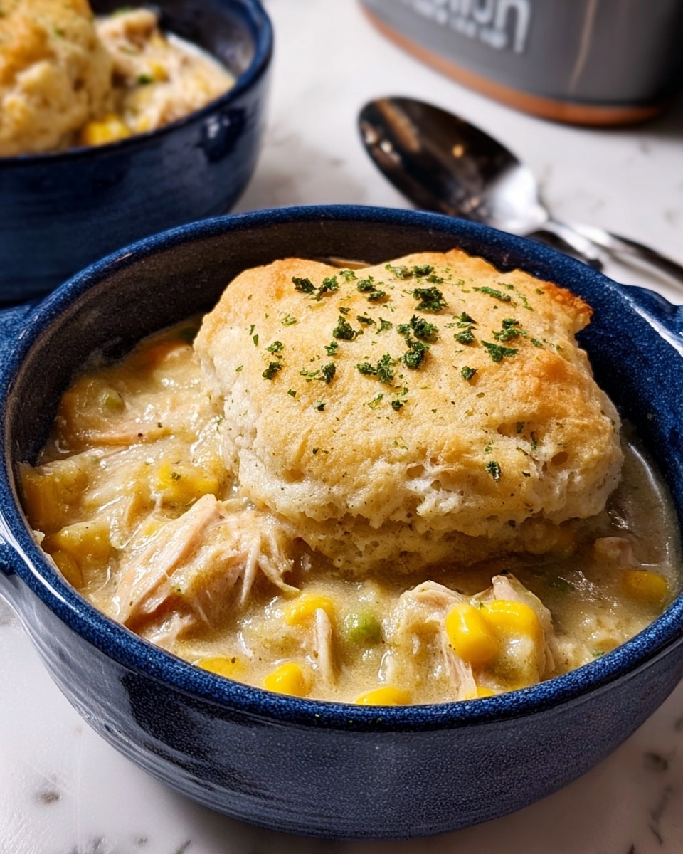 A blue ceramic bowl filled with a creamy chicken stew topped with a soft, golden biscuit crust sprinkled with small green herb pieces. The stew inside has visible shredded chicken chunks mixed with yellow corn kernels, immersed in a thick pale yellow sauce. The bowl is resting on a white marbled surface with a blurred glimpse of a second bowl and a metallic object in the background. photo taken with an iphone --ar 4:5 --v 7