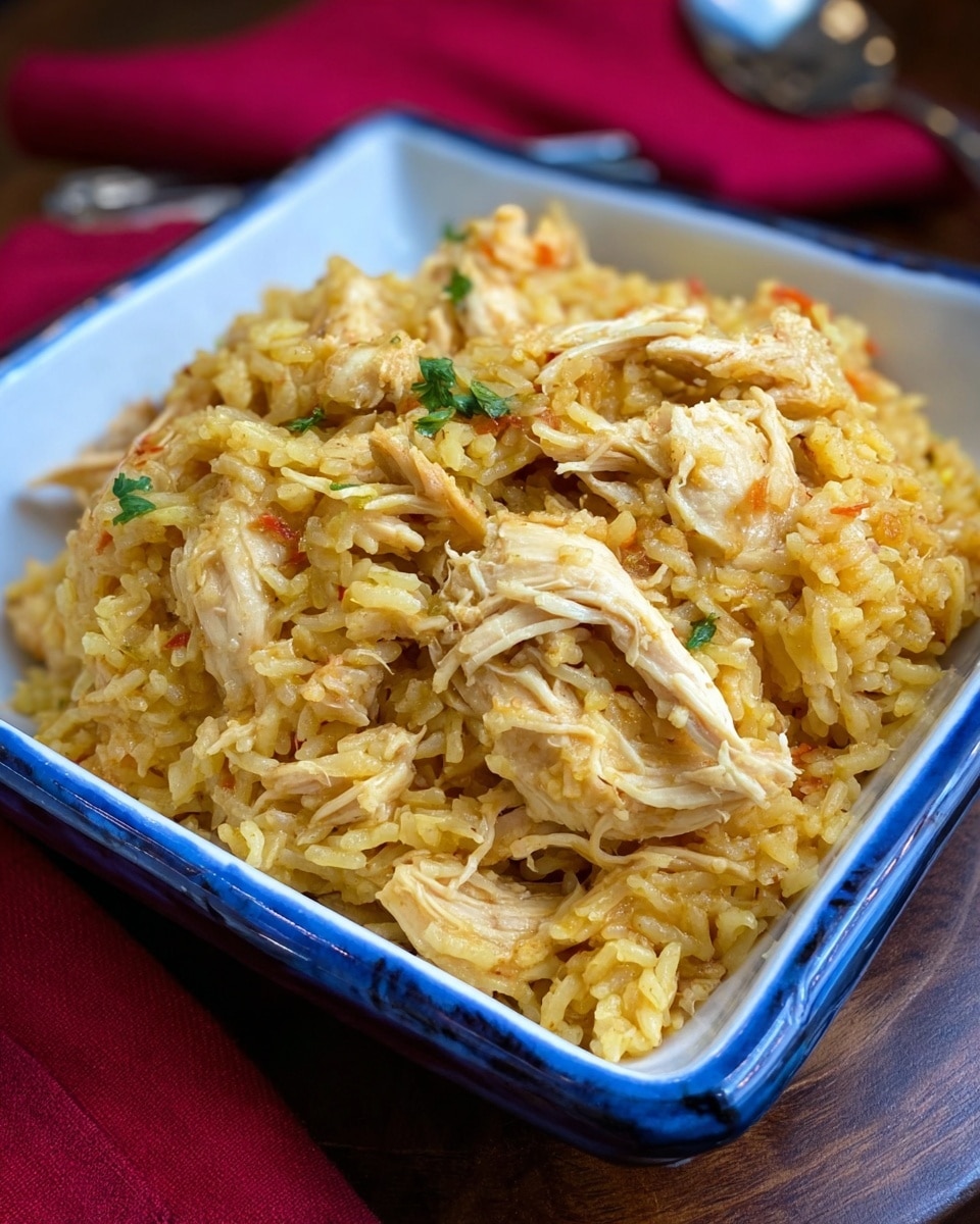 A square blue ceramic dish filled with shredded yellow rice mixed with light brown shredded chicken pieces, the rice looks fluffy and evenly spread, with chicken bits scattered throughout mainly on the top layer, placed on a wooden surface next to three silver forks stacked on the right and a textured red cloth partially visible on the top left corner, photo taken with an iphone --ar 4:5 --v 7