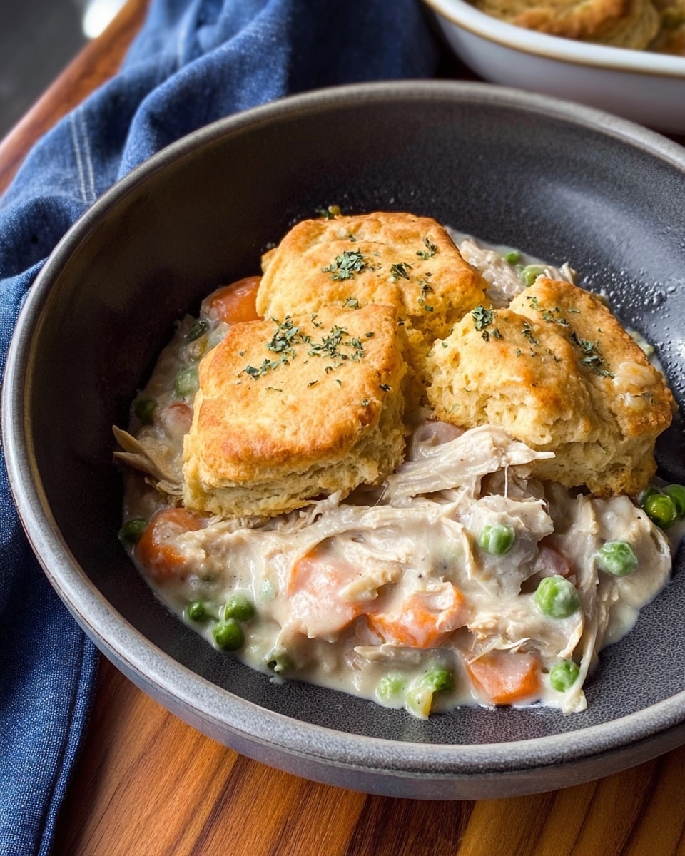 A black skillet holds six golden brown biscuits on top of a creamy white sauce with visible small pieces of orange carrots, green peas, and shredded white meat. One biscuit is partially removed, showing the creamy mixture underneath. Fresh green rosemary sprigs lay on top and beside the skillet. Next to it, a white plate contains two biscuits covered with the same creamy sauce. The setup is on a wooden board with a pair of silver forks, a sprig of rosemary, and salt and pepper shakers above the skillet. A woman's hand holds the side of the skillet. The background surface is a white marbled texture. photo taken with an iphone --ar 4:5 --v 7