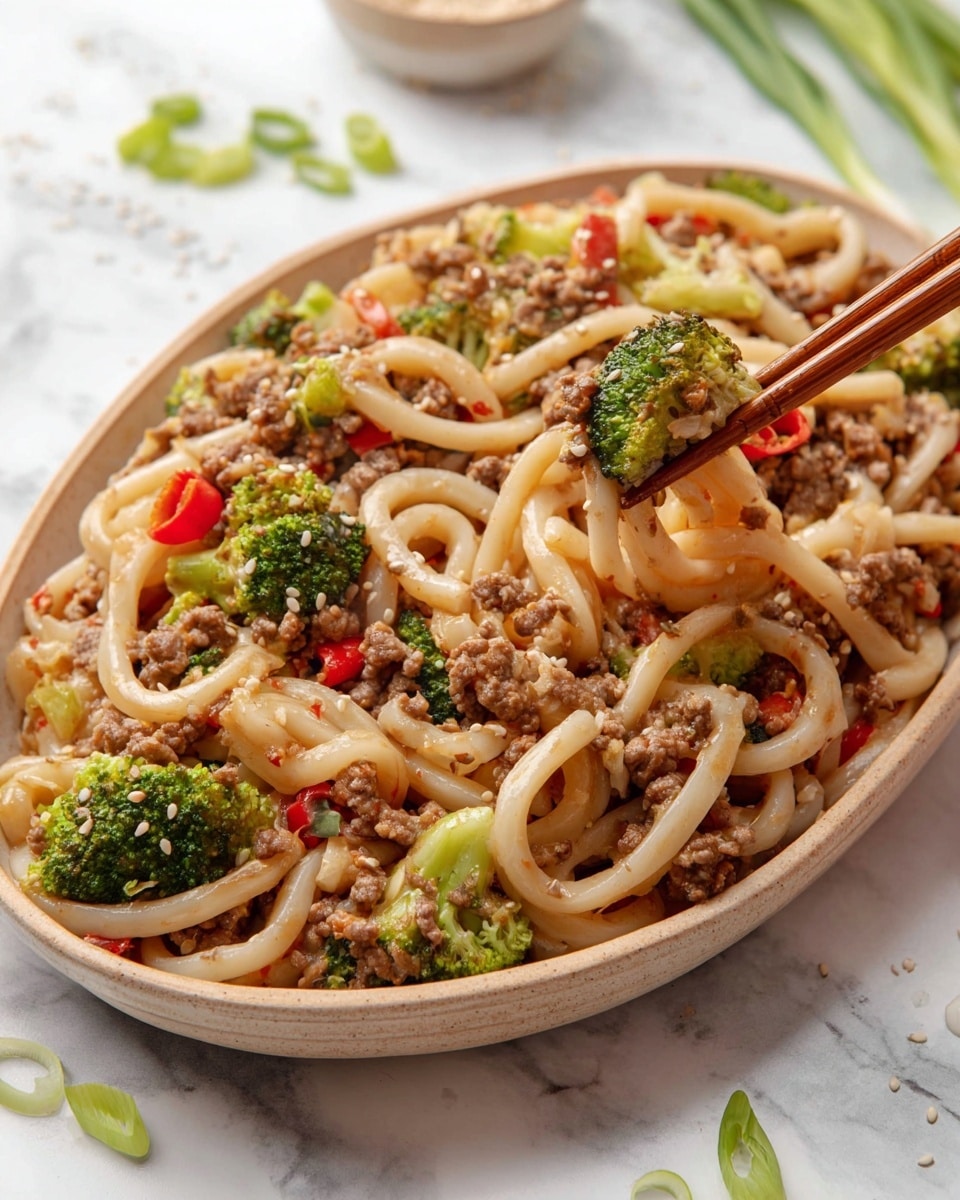 A white oval plate is full of a mix that has three main layers blending together: small pieces of cooked ground meat with a brown color, bright green broccoli florets, and thin, translucent slices of cooked onions. Added in are small square pieces of red bell pepper, and the entire dish is topped with chopped green onions and sprinkled white sesame seeds. The plate sits on a white marbled surface surrounded by a white bowl with noodles, a small wooden bowl with sesame seeds, and a white dish with more chopped green onions. Two silver forks rest on the right side of the plate. Photo taken with an iphone --ar 4:5 --v 7