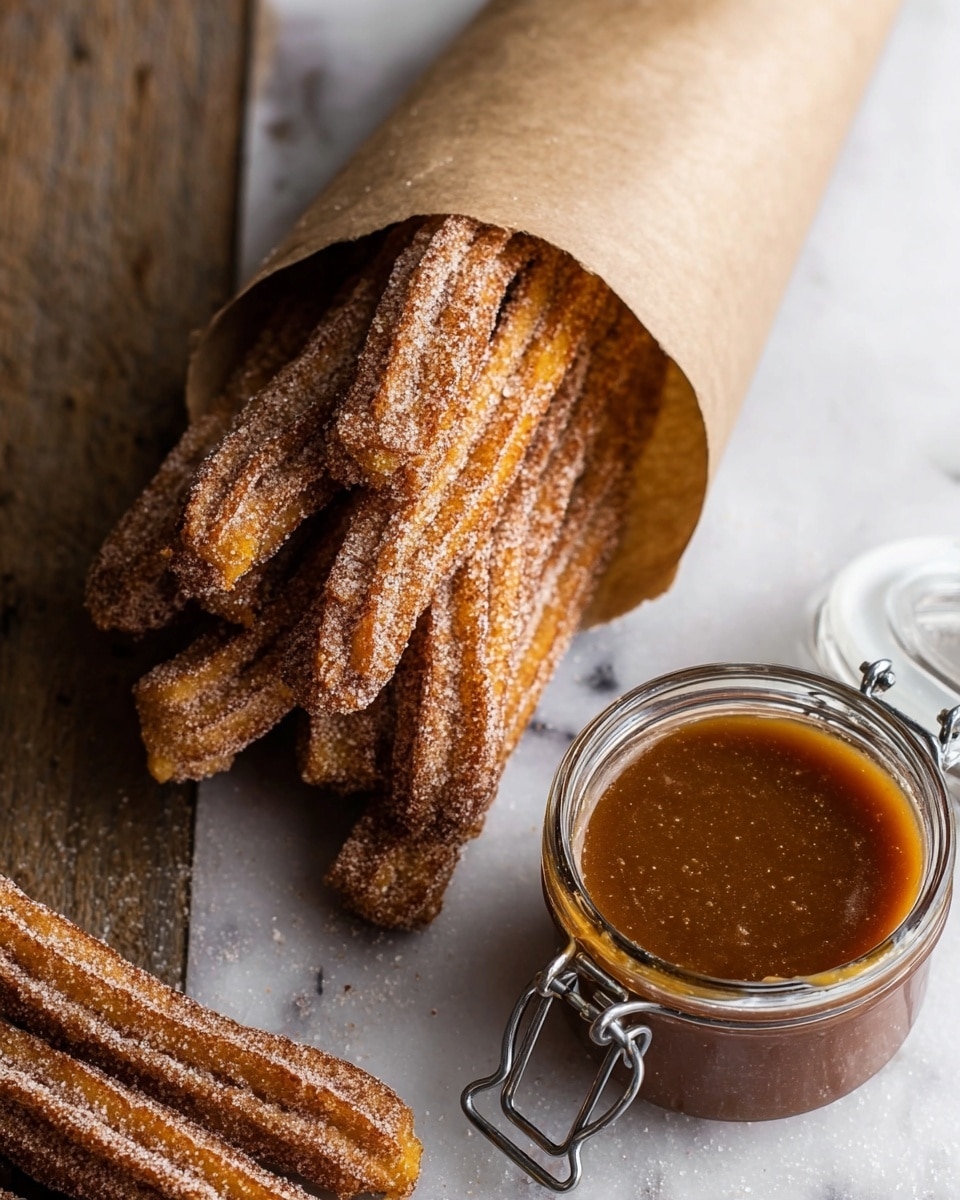 A bunch of churros are wrapped together in light brown paper, showing their ridged, golden brown surface sprinkled with sugar. The churros are packed tightly and stick out of the top of the paper cone with a rough, crunchy texture. Next to the paper cone on a white marbled surface is a glass jar with a metal latch, filled with shiny, thick caramel sauce, glowing with a rich brown color. In the background, more churros are lying on a piece of light brown parchment paper, dusted lightly with sugar, against the same white marbled surface. photo taken with an iphone --ar 4:5 --v 7