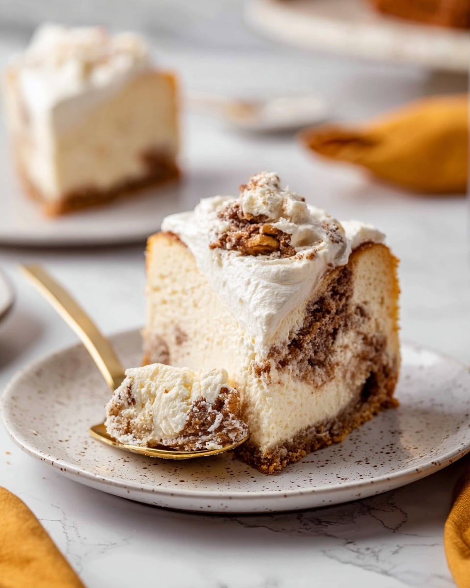 A slice of cheesecake sits centered on a white plate with small speckles, resting on a white marbled surface. The cheesecake has two main layers: a light creamy layer making up most of the slice, and a thick white frosting layer on top. Inside, swirled pockets of brown cinnamon filling mix with the creamy layer, creating a textured contrast. A gold spoon holds a scoop of the cheesecake, showing the mix of creamy, cinnamon, and soft cake textures close to the plate. The background is softly blurred but also shows another similar slice on a white plate and a mustard yellow napkin near the bottom right corner. Photo taken with an iphone --ar 4:5 --v 7