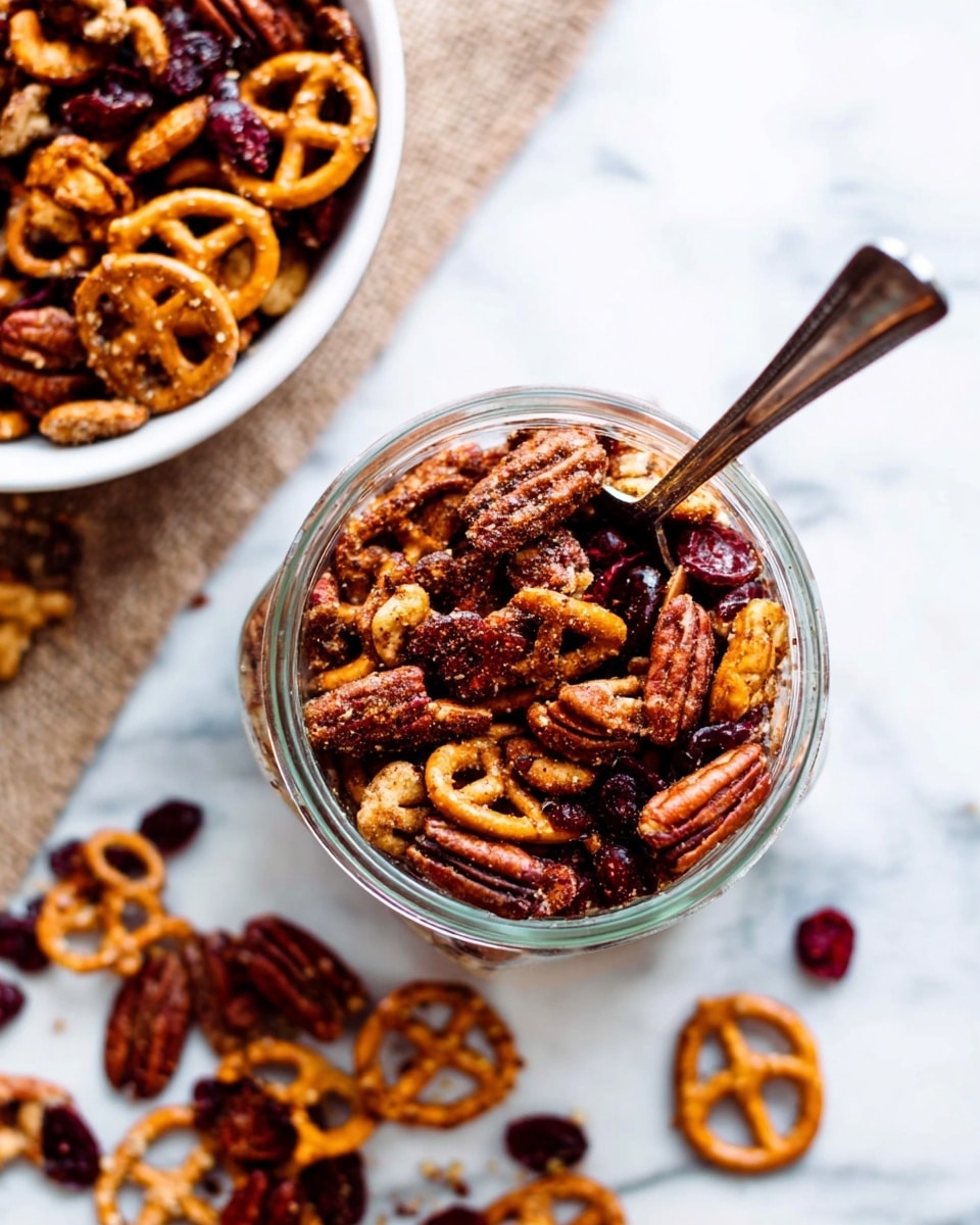 The image shows a clear glass jar filled with a mix of toasted pretzels, pecans, and cranberries, all seasoned with a reddish-brown spice coating that gives the nuts and pretzels a slightly shiny, textured look. The jar is placed on a white marbled surface with scattered pieces of the mix around it. Nearby, there is a white bowl filled with the same snack mix, overflowing slightly. A metal spoon sticks into the jar on the right side, ready to scoop the snack. The overall colors are warm browns, deep reds, and light tan pretzels, with a crunchy and spiced appearance. Photo taken with an iphone --ar 4:5 --v 7