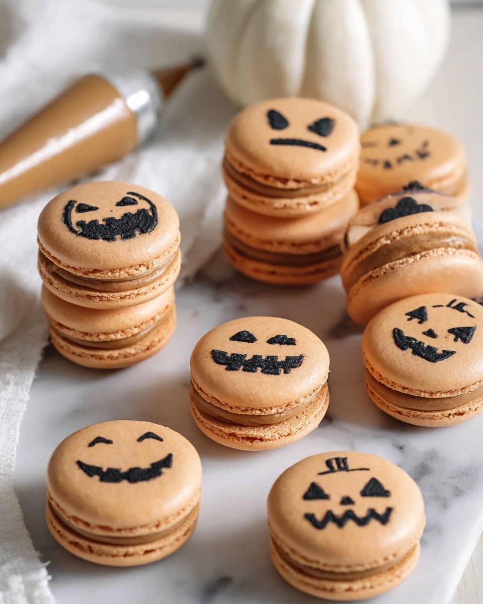 The image shows several round macarons on a white marbled surface, each with light orange shells and a thick layer of light brown filling in the middle. The top shells have black pumpkin faces drawn on them with different expressions, including smiling, angry, and surprised looks. The macarons are scattered around, some stacked on top of each other, with a white pumpkin in the background and a white cloth nearby. A piping bag with a metal tip, filled with the same light brown filling, lies behind the macarons. Photo taken with an iphone --ar 4:5 --v 7