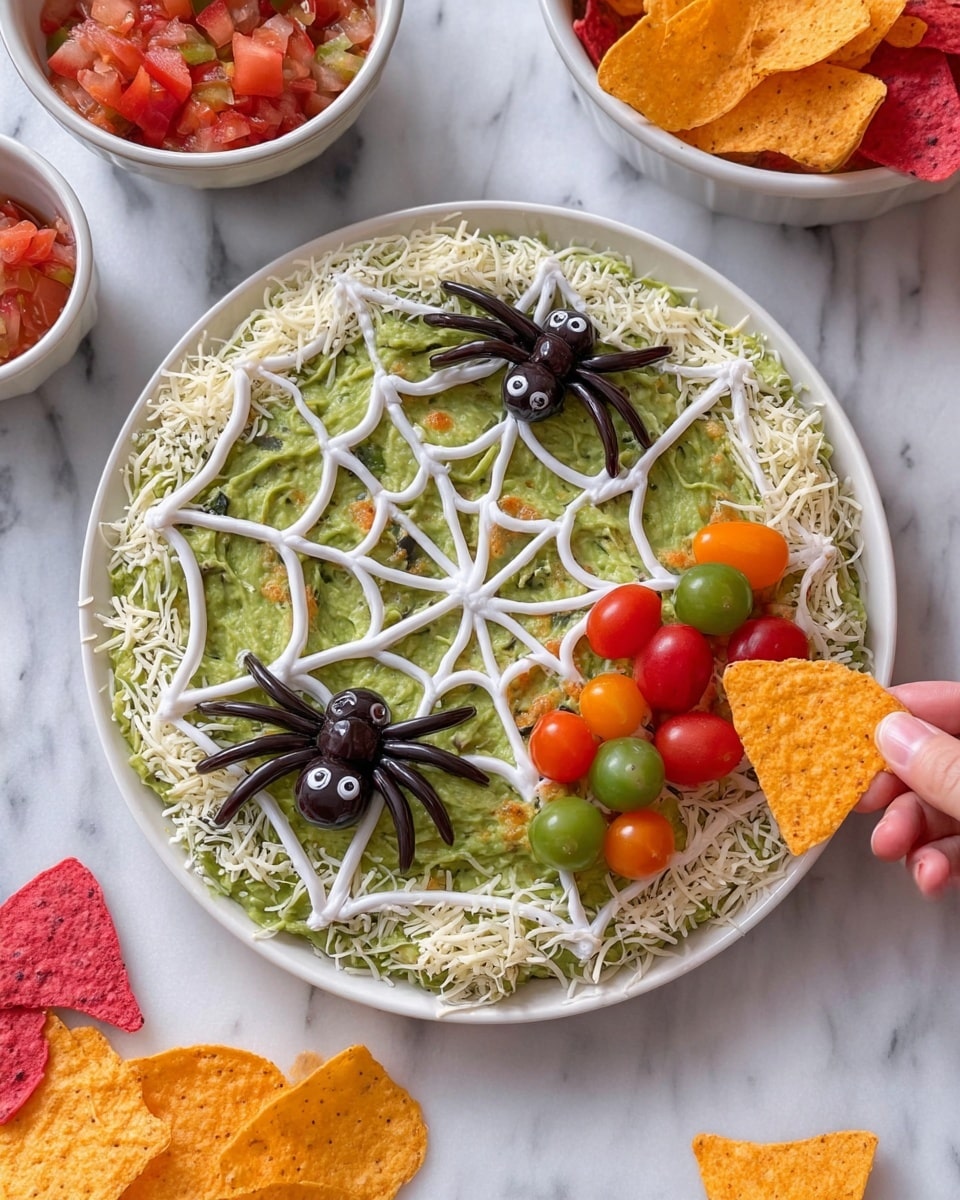 The dish is a white round plate filled with a thick green guacamole base as the first layer. On top of the guacamole, there is a spider web design made with white sour cream that stretches from the center to the edges of the plate. Two black olive spiders with segmented olive legs are placed on the web. Around the edges of the plate, shredded white cheese is sprinkled. On the right side of the plate, there is a small cluster of colorful grape tomatoes in red, orange, and green. A woman's hand holds a round orange chip dipping into the guacamole, revealing a scoop filled with diced red tomatoes and guacamole. The plate is set on a white marbled surface with a bowl of mixed yellow, red, and pink leaf-shaped chips and a small bowl of diced tomato salsa nearby. Photo taken with an iphone --ar 4:5 --v 7