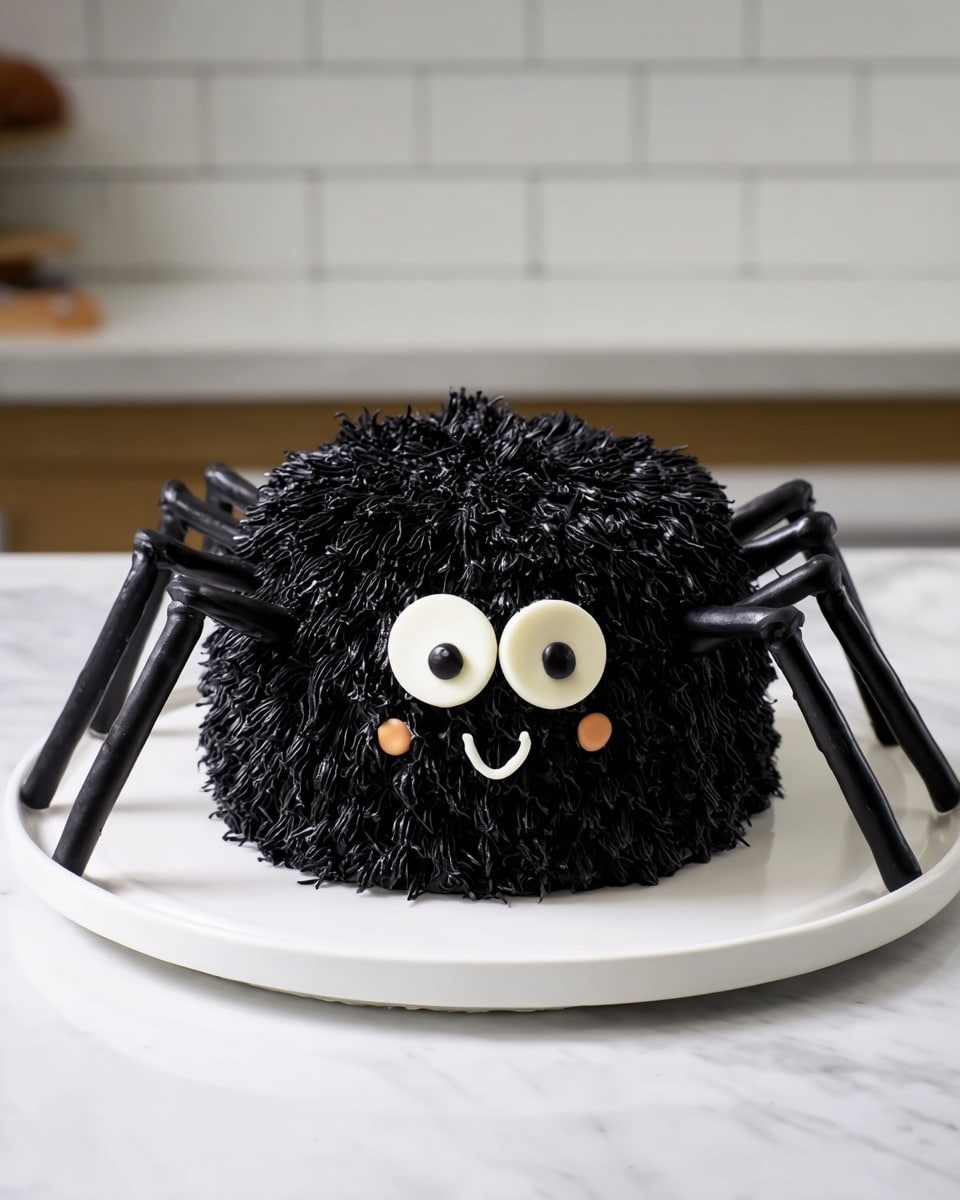 A small round cake covered in black frosting piped in short, thick strands to look like spider fur, with eight long black legs made of smooth material coming out from the sides, two large white circular eyes with small black pupils placed near the front center, and a small curved white smile below the eyes, all sitting on a white plate on a white marbled surface. Photo taken with an iphone --ar 4:5 --v 7
