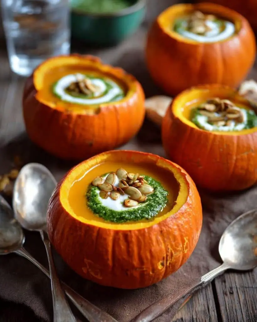 Roasted Garlic Sage Pesto Pumpkin Soup with Spicy Fried Pumpkin Seeds Recipe