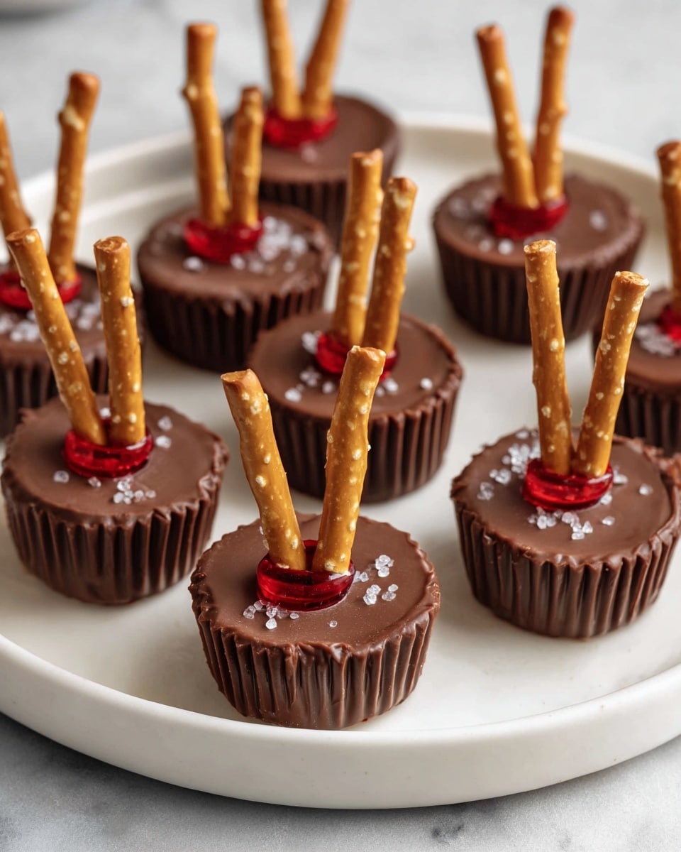 There are eight small sweet treats on a white plate with a white marbled surface background. Each treat has two layers: the bottom layer is a round, ridged cup made of smooth brown chocolate with a slightly shiny texture. The top layer is a long, thin pretzel stick with a golden-brown color and small white salt pieces on it, standing upright in the center of the chocolate cup. Around the base of the pretzel stick, there is a small ring of bright red candy that holds the stick firmly in place. The treats are evenly spaced across the plate. Photo taken with an iphone --ar 4:5 --v 7