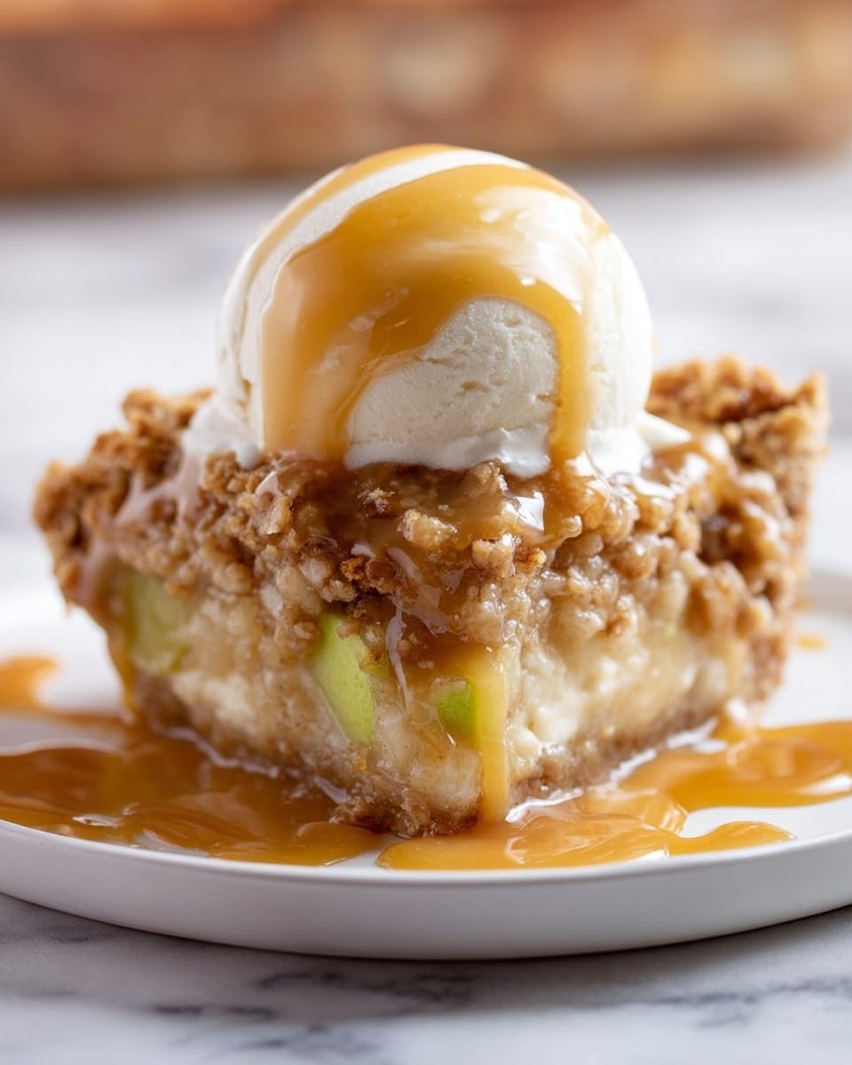 A slice of apple crumble dessert sits on a white plate with three distinct layers: the bottom layer is a slightly thick, pale dough with visible green apple chunks, the middle layer is a crumbly, textured brown topping, and the top layer is a smooth, round scoop of off-white vanilla ice cream. Golden caramel sauce drips down the ice cream and crumb topping, pooling slightly on the plate. The plate is placed on a white marbled surface and there is a blurred background. Photo taken with an iphone --ar 4:5 --v 7