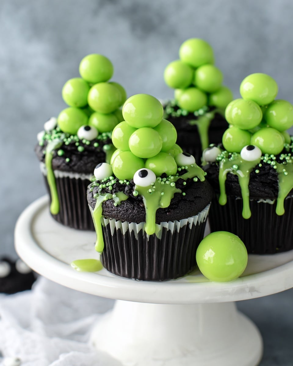 The image shows four dark black cupcakes in white paper liners, each topped with bright green round candies stacked in small towers of two or three balls. The cupcakes are decorated with green icing drips that run down the sides, small green round sprinkles, tiny white skull-shaped sprinkles, and white round eye-shaped sprinkles with black centers. One extra green candy ball sits on the white marbled surface near the cupcakes. The cupcakes are placed on a white cake stand against a soft background. Photo taken with an iphone --ar 4:5 --v 7