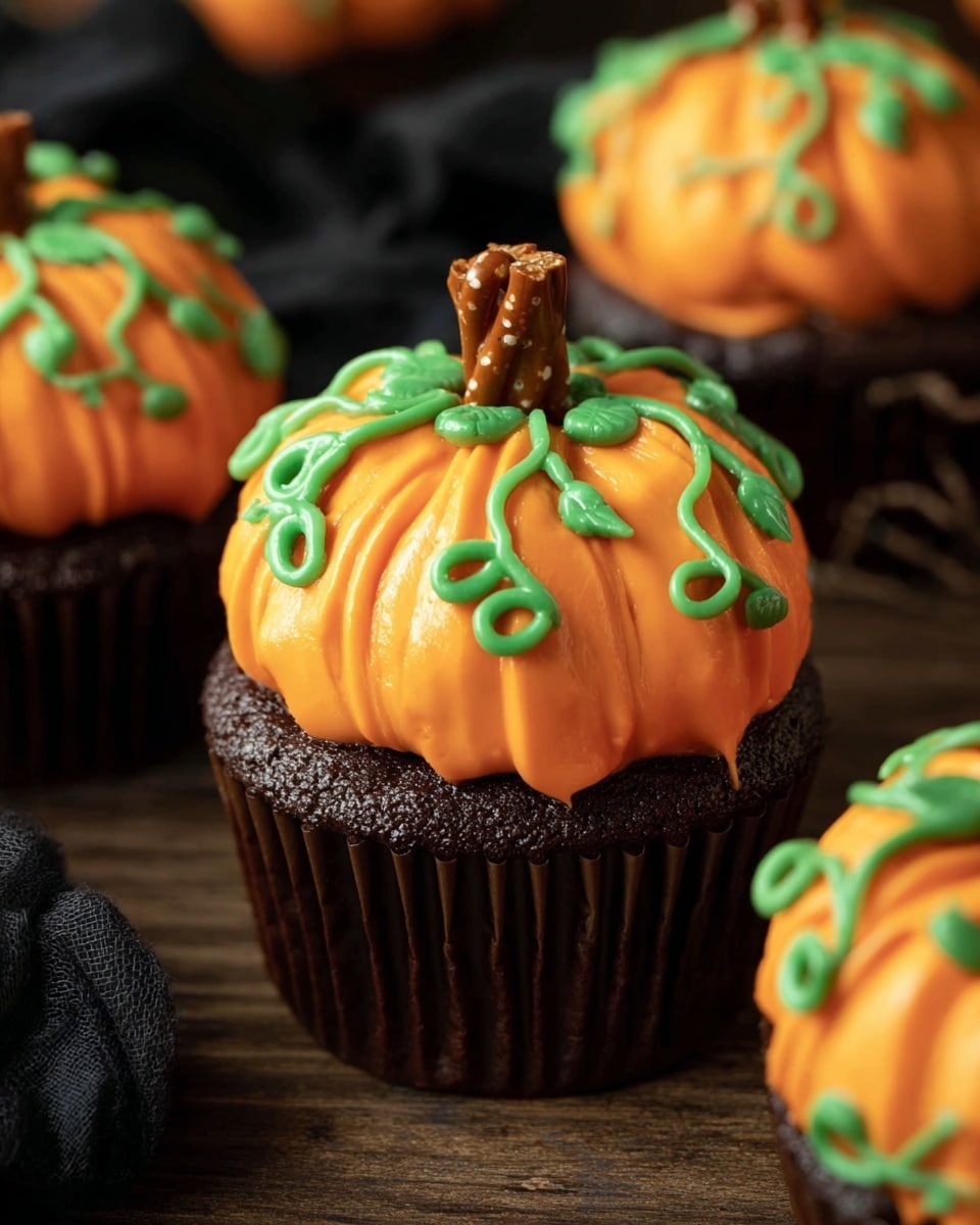 A dark brown cupcake sits on a wooden surface with a black cloth in the background. The cupcake has one base layer of moist, dark cake visible through a ridged wrapper. On top, there is a thick swirl of smooth, bright orange frosting with shiny texture, shaped like soft waves. Thin green icing is piped decoratively on the orange frosting in small curly vines, and a small light brown stick sits vertically in the center, resembling a pumpkin stem. The focus is tight on the front cupcake with parts of two more cupcakes blurred around it. photo taken with an iphone --ar 4:5 --v 7