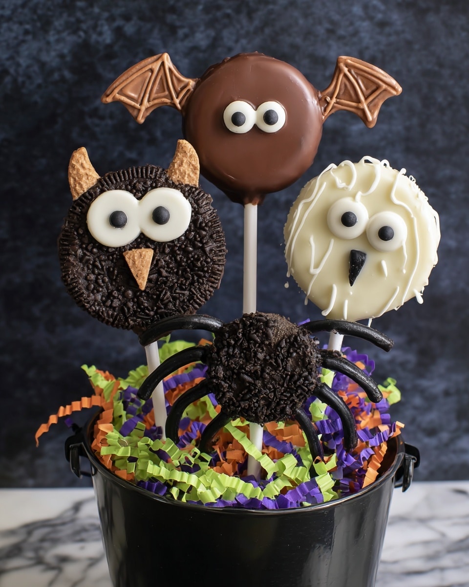 There are three decorated donuts on sticks placed in colorful shredded paper. The left donut is covered in smooth dark chocolate, with two round white eyes that have black pupils and red spots, two small pointed brown ears, two beige small almond-shaped fangs, and two half Oreo cookies used as wings on each side. The middle donut is covered in milk chocolate with small dark cookie bits on top, two white eyes with black pupils near the hole, and six long black licorice pieces spread out like spider legs. The right donut is coated in white frosting with a drizzle pattern, two white eyes with black pupils near the hole, and a small round mouth hole, giving it the look of a ghost. The background is dark, and the base is made of shredded purple, orange, green, and black paper. photo taken with an iphone --ar 4:5 --v 7