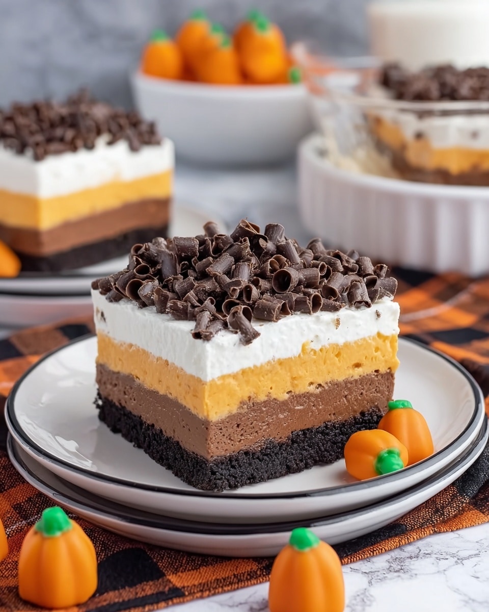 The dessert is a square slice with four clear layers, placed on a white plate with a black rim. The bottom layer is a dark, crumbly crust. Just above it, there is a thick dark brown layer that looks smooth and creamy. The next layer is a bright orange, soft and even. On top of this is a thick white layer that is fluffy and light. The entire slice is topped with a generous amount of dark chocolate curls that look shiny and curled. Surrounding the plate are small, bright orange pumpkin-shaped candies with green tops. The dish and decorations rest on a white marbled surface with a black and orange plaid cloth underneath. In the background, there is a white bowl and a glass container holding more slices of the dessert. photo taken with an iphone --ar 4:5 --v 7