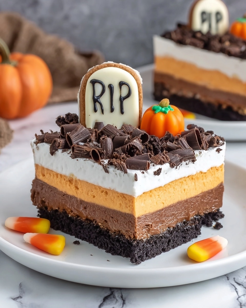 A dessert slice with four visible layers sits on a white plate over a white marbled surface. The bottom layer is dark, crumbly, and looks like crushed cookies. Above it is a thick, rich, smooth brown layer. Next is a thinner, bright orange layer which appears creamy. The top layer is thick, white, and fluffy, covered with dark chocolate curls on the surface. On top are two decorations: a cookie shaped like a tombstone with