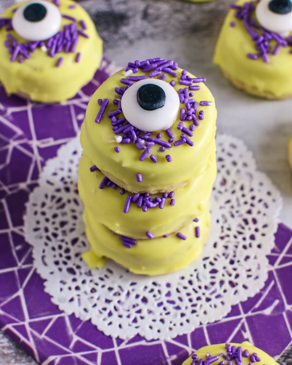 The image shows a stack of small round treats covered in bright yellow icing. Each treat has one large candy eye with a white base and black center placed on top. Purple sprinkles are scattered over the treats, adding texture and bright color contrast. The treats rest on a white lace doily, which sits on a white marbled surface with a purple geometric patterned paper underneath. The close-up angle highlights the smooth icing and colorful decorations, giving a playful and fun look. Photo taken with an iphone --ar 4:5 --v 7