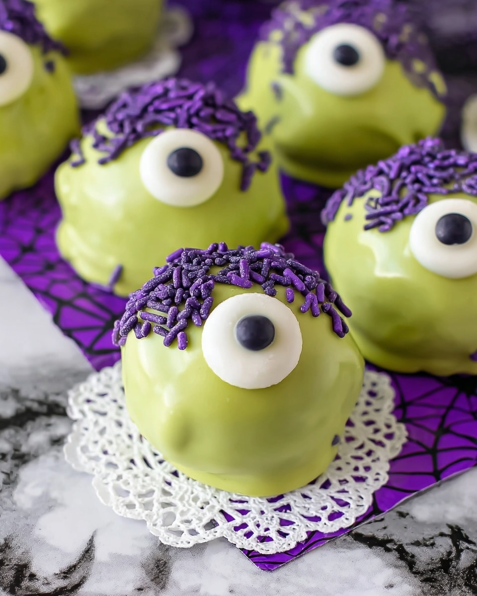 The image shows several round treats covered in smooth, shiny lime green coating. Each treat has one large, white candy circle with a smaller black circle in the center, resembling an eye. On top of each treat, there are scattered purple sprinkles giving a textured look. These treats sit on a white lace doily placed on a piece of purple paper with a spider web pattern. The background is a white marbled texture. Photo taken with an iphone --ar 4:5 --v 7