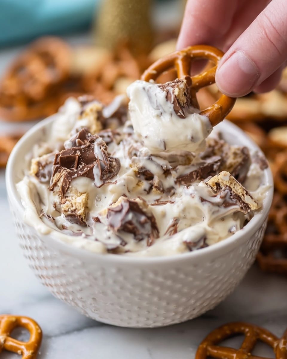 A woman's hand is holding a pretzel piece coated in a thick creamy mixture with chunks of chocolate and wafer candy visible on it. In the foreground, there is a small white textured bowl filled with the same creamy mixture, thick and smooth with visible bits of chopped chocolate and wafer candy mixed throughout. The bowl sits on a white marbled surface with more pretzels and candy pieces softly blurred in the background. The colors include the light tan of the pretzels, the creamy white mixture, and the brown chocolate pieces, creating a rich and textured look. Photo taken with an iphone --ar 4:5 --v 7