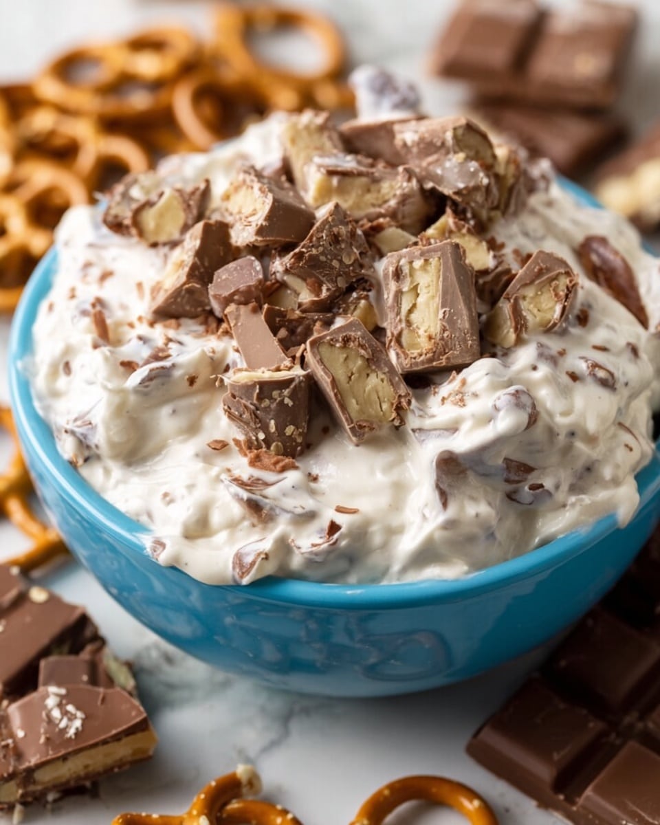 The image shows a blue bowl filled with a creamy white mixture that is thick and slightly lumpy, with pieces of chopped chocolate candy mixed in and on top. The candy pieces are light brown with creamy nougat and nut layers visible inside. Around the bowl, there are broken chocolate candy bars and some pretzels blurred in the background. The bowl is placed on a white marbled surface. Photo taken with an iphone --ar 4:5 --v 7