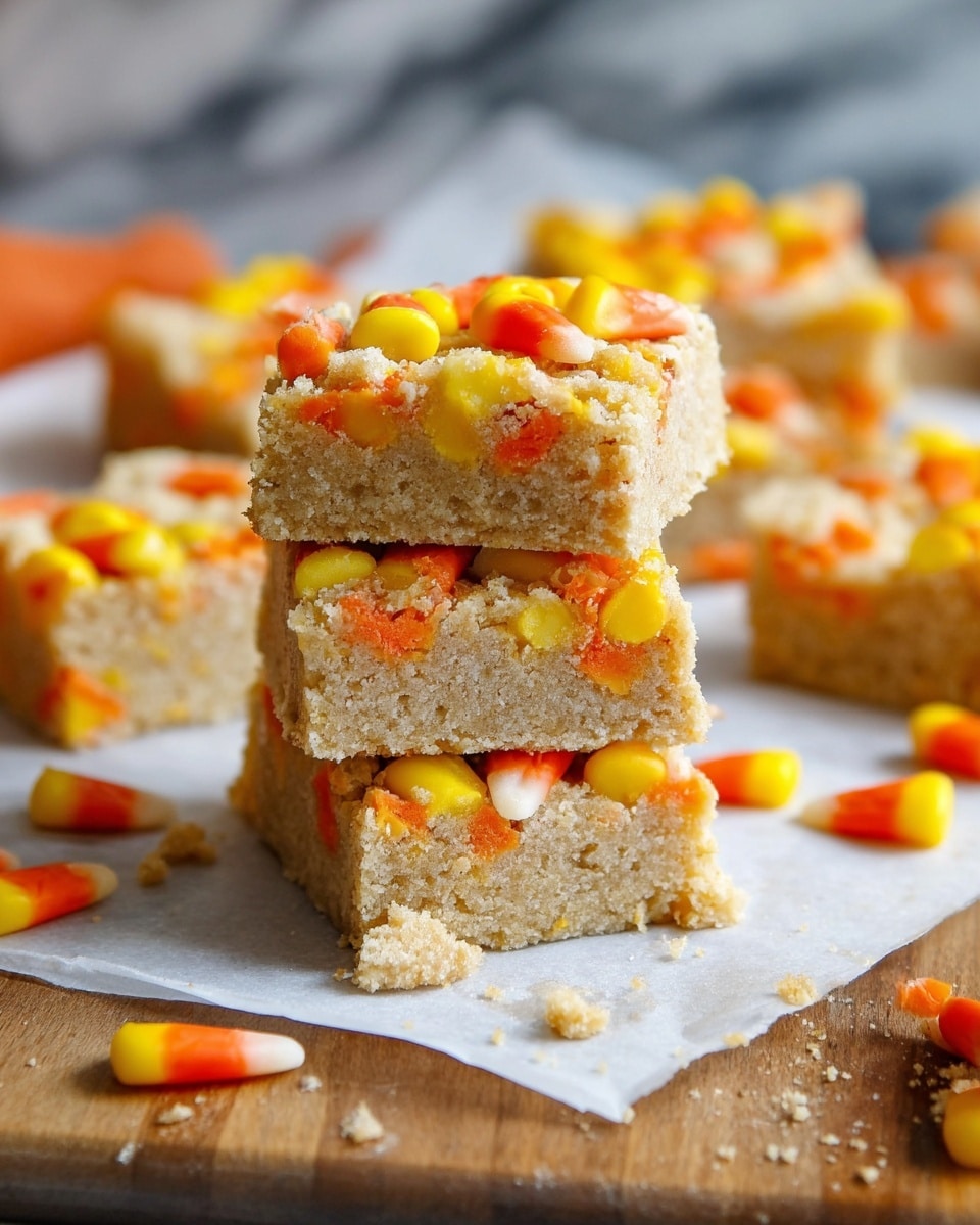 A stack of three thick square bars with a crumbly texture and a light beige color is shown in the center. Each bar is studded with pieces of candy corn that have bright orange, yellow, and white colors, some embedded inside and some on the surface. Around the stack, there are crumbs and a few loose candy corns scattered on a white parchment paper base. The background includes more similar bars slightly blurred, sitting on a wooden board with a white marbled surface underneath. Photo taken with an iphone --ar 4:5 --v 7
