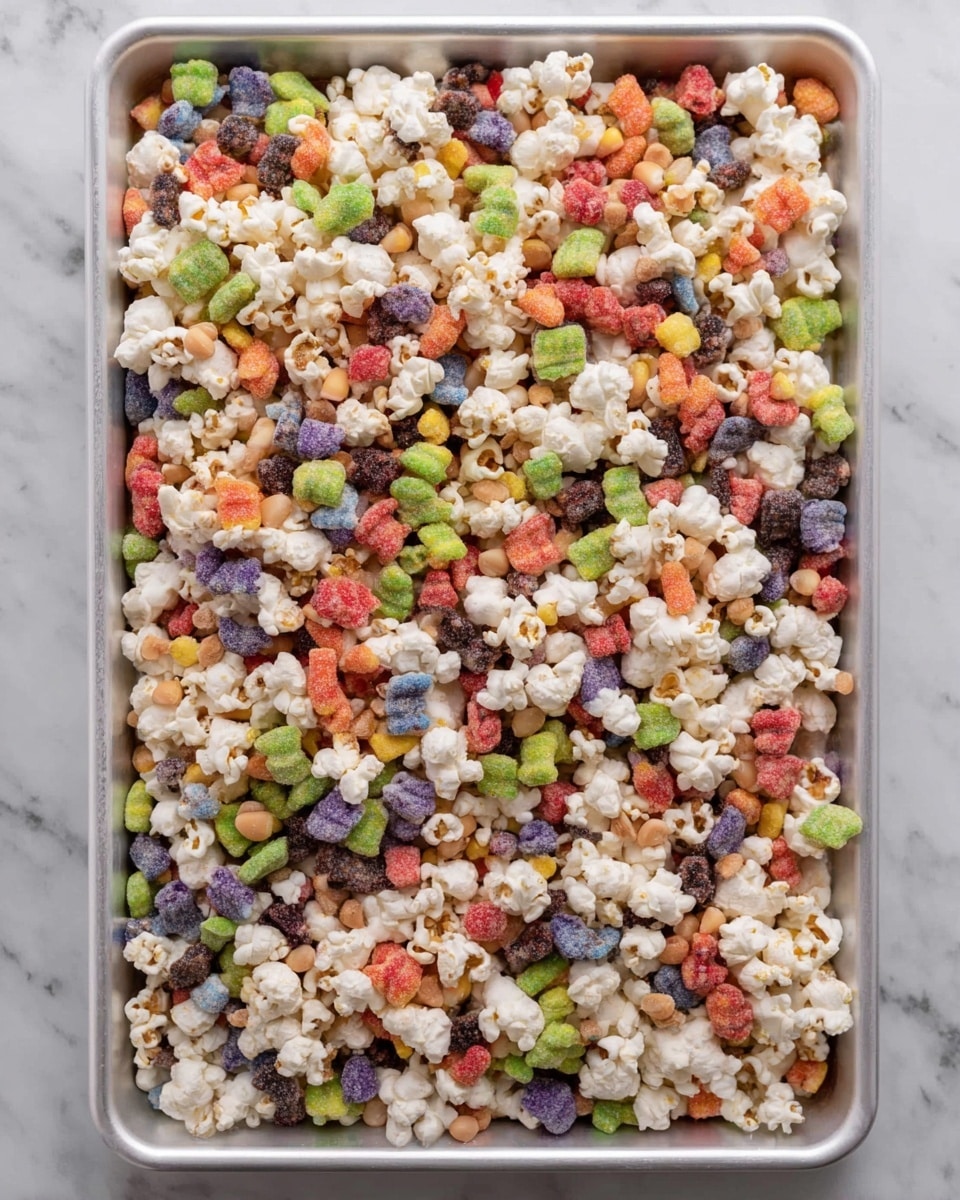 A large white rectangular tray is filled with a mix of small, colorful cereal pieces and white popcorn fully covering the surface. The cereal pieces come in multiple colors including green, red, orange, purple, and blue, scattered evenly throughout. The popcorn is white and puffy, creating a textured contrast with the smooth, rounded shapes of the cereal. The tray rests on a white marbled surface, giving a clean and bright look. photo taken with an iphone --ar 4:5 --v 7