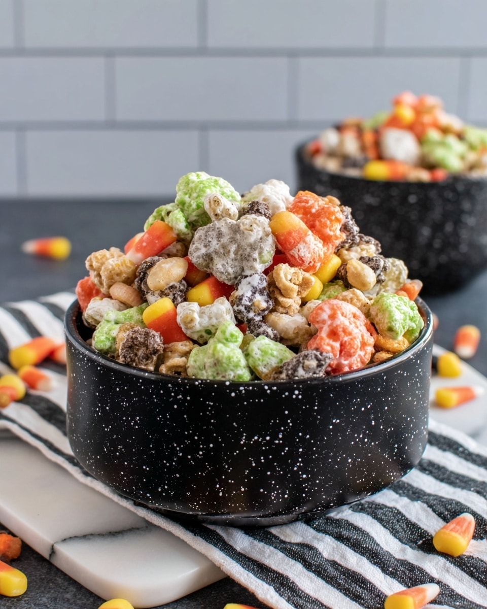 A black bowl with white speckles is full of colorful cereal clusters. The cereal pieces are round and come in green, orange, yellow, and brown colors. White coating covers many pieces, giving a creamy texture. The bowl sits on a white marbled surface with a black and white striped cloth underneath. Some cereal pieces spill around the bowl. In the back, there is another bowl with the same cereal mix, slightly out of focus. The background features a tiled pattern in light cool gray tones. Photo taken with an iphone --ar 4:5 --v 7