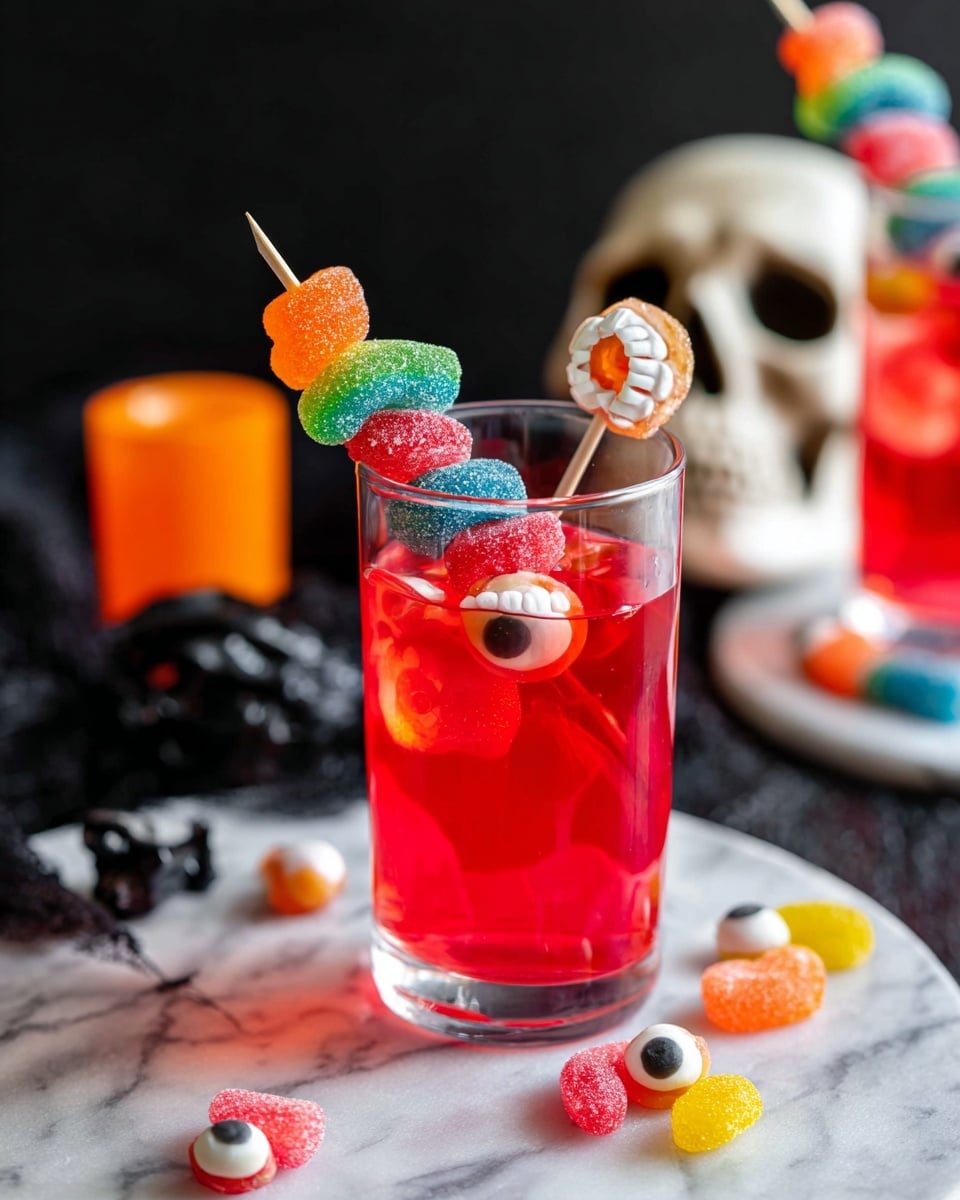 A clear tall glass filled with bright orange liquid stands on a dark surface, garnished with a skewer holding colorful gummy candy: a green and orange gummy worm on the left, white candy teeth in the middle, a round white candy with an orange center and a black dot resembling an eyeball, then two more gummy worms in red and blue alongside yellow and red colors. Around the base of the glass and on the surface, there are similar candy pieces scattered, including candy eyeballs and gummy teeth. In the background, a black skull decoration and a blurred orange candle add to the spooky theme. The whole setup is on a white marbled textured surface. photo taken with an iphone --ar 4:5 --v 7