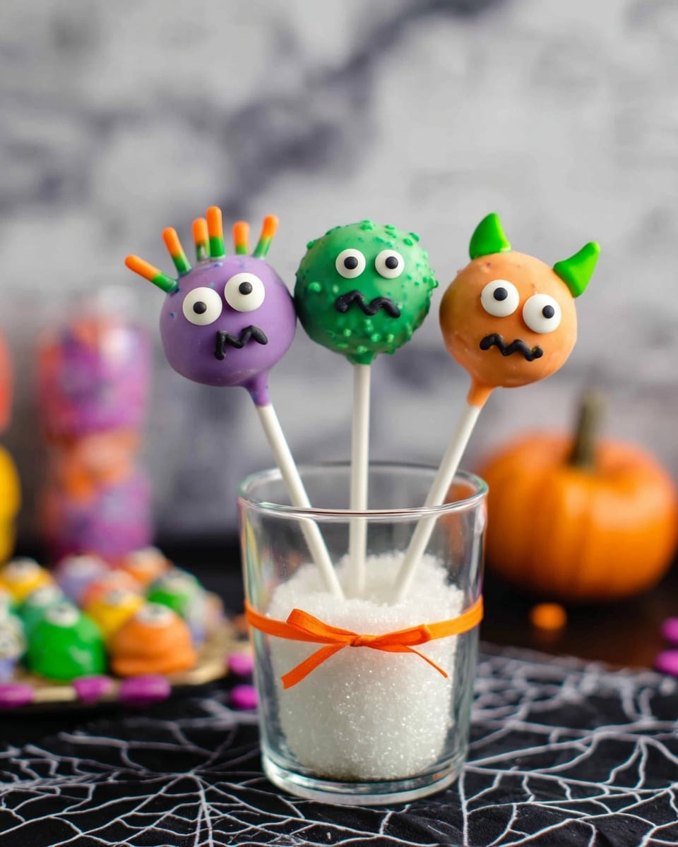 Three cake pops shaped like small monsters stand in a clear glass filled with white sugar, tied with an orange ribbon around the middle. From left to right, the first cake pop is purple with three small orange and green sticks on top as hair, two white eyes with black centers, and a squiggly black mouth. The middle one is green, with three white eyes evenly spaced across the top half and a round black mouth below them. The last one is orange with two small green horns on top, three white eyes, and a squiggly black mouth. The glass rests on a black cloth with a spiderweb pattern, and the background includes blurred colorful treats and an orange pumpkin on a white marbled surface. Photo taken with an iphone --ar 4:5 --v 7