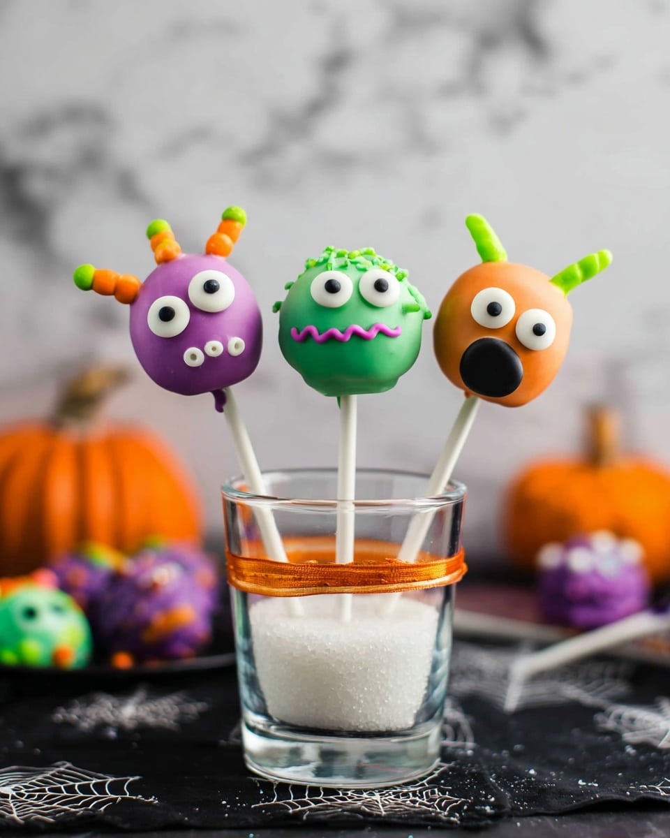The image shows several Halloween-themed cake pops on white sticks, arranged on a gray metal tray resting on a white marbled surface. There are different designs: one orange cake pop has white and black eyes and a black squiggly mouth with two green horns on top, creating a monster face; another orange cake pop is covered with small, colorful round sprinkles. Also, there is a green cake pop decorated with two white eyes and a black mouth, and several cake pops with purple and green stripes drizzled over them. In the background on the marbled surface, there are purple and orange cake pops on green and white sticks. The scene is bright and playful, focusing on the colorful cake pops. photo taken with an iphone --ar 4:5 --v 7