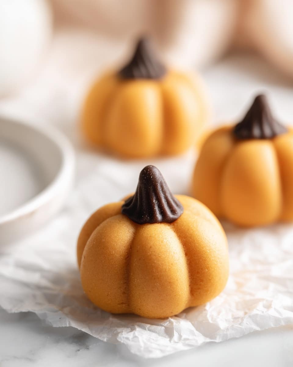 The image shows three small pumpkin-shaped treats placed on white crinkled parchment paper set on a white marbled surface. Each treat has a smooth, round orange body with slight vertical grooves to mimic pumpkin ridges and a dark brown pointed top resembling a pumpkin stem. The focus is on the nearest pumpkin treat in the front, with two more slightly blurred in the background, and a white plate just partly visible on the left side. The colors are warm with soft lighting, giving a cozy, inviting feel. Photo taken with an iphone --ar 4:5 --v 7