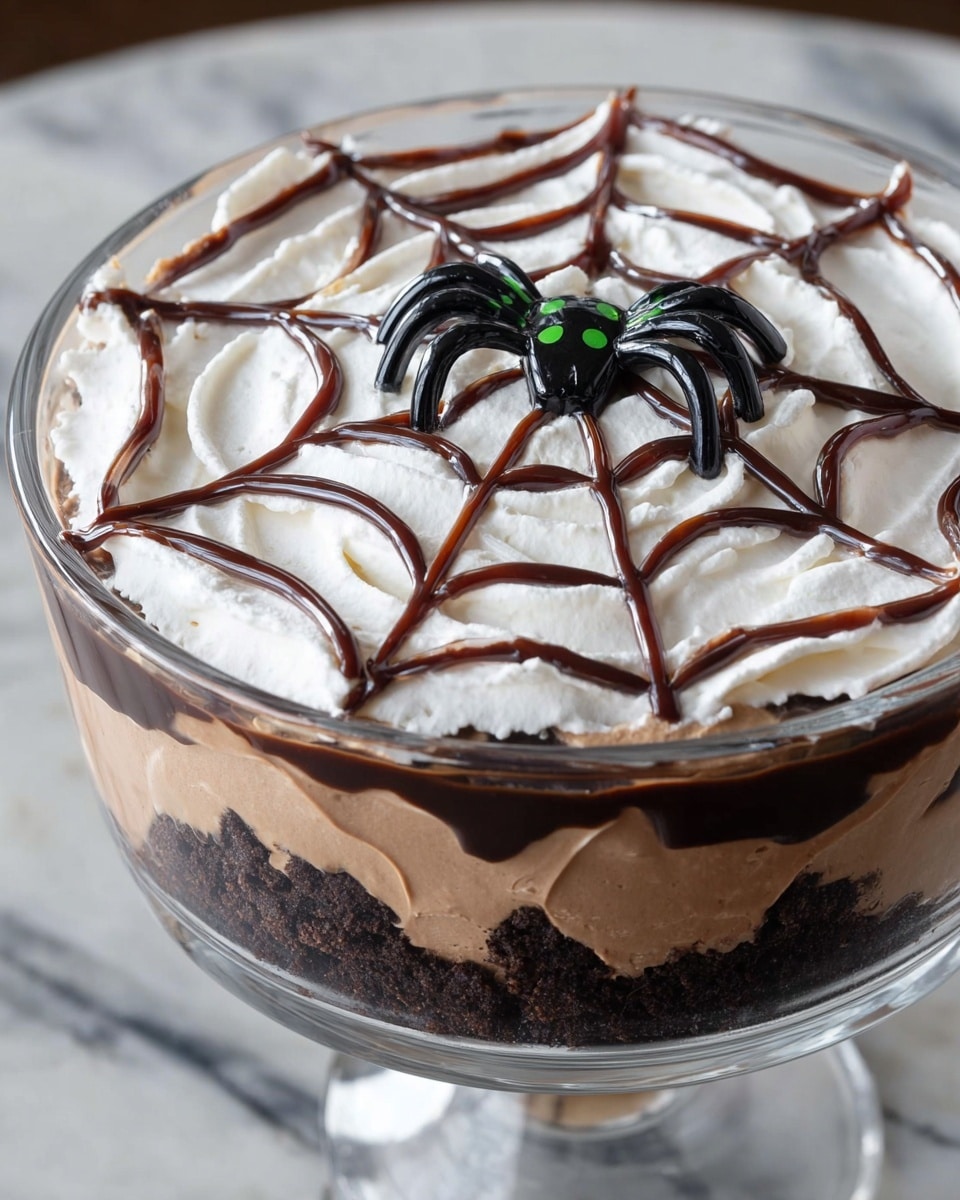 A layered dessert in a clear glass bowl shows three main layers: the bottom layer is a dark, crumbly texture, the middle layer is light brown and creamy, and the top layer is white whipped cream. On top of the whipped cream, there is a dark chocolate syrup design shaped like a spider web, spreading from the center outwards in circular and radial lines. A black spider decoration with green spots sits in the middle of the web. The dessert is placed on a surface with a white marbled texture. Photo taken with an iphone --ar 4:5 --v 7