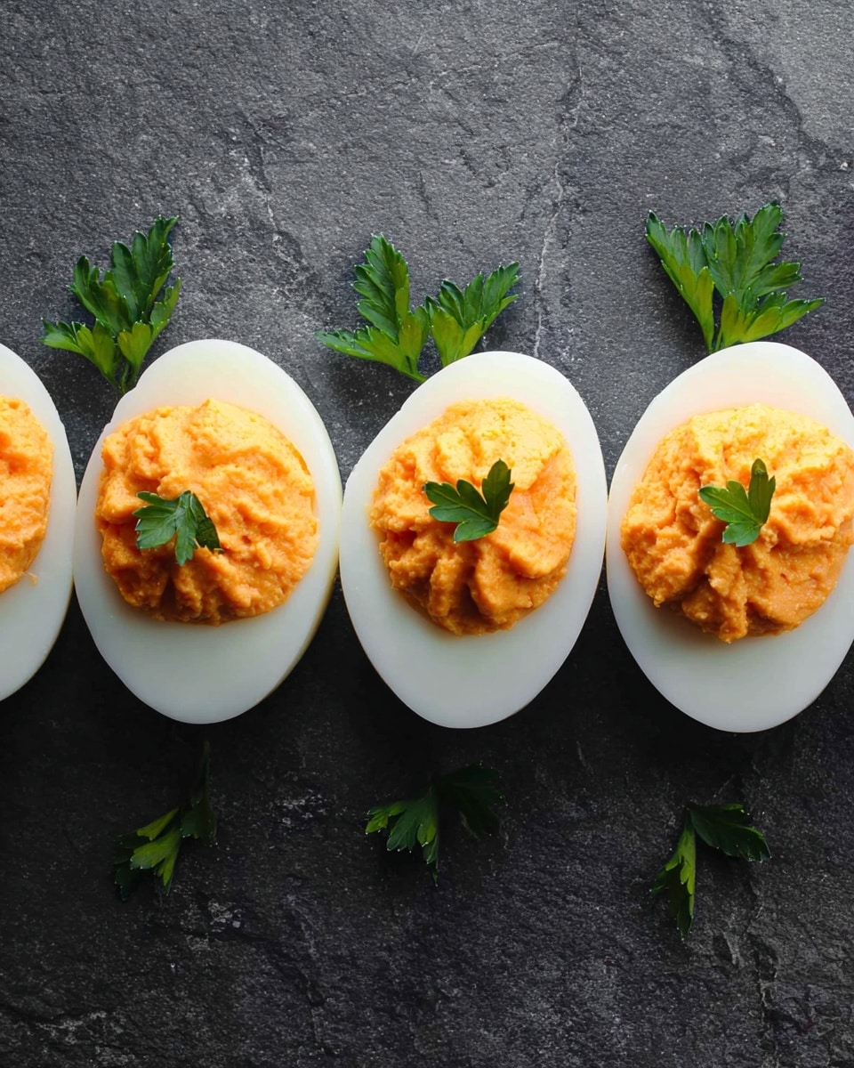 Four deviled eggs are lined up horizontally on a dark gray stone surface. Each egg half has a smooth white outer layer and is filled with a light orange, slightly textured filling that appears fluffy and creamy. On top of the orange filling, a small sprig of bright green parsley is placed in the center of each egg, adding a fresh pop of color. The eggs have a neat, uniform shape and are closely spaced in a straight row. photo taken with an iphone --ar 4:5 --v 7