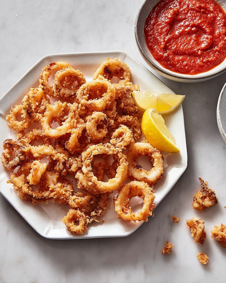 The image shows a white geometric plate filled with crispy fried calamari rings and tentacles in golden brown color with a rough, crunchy texture. On the top right corner of the plate, there is a wedge of lemon with a bright yellow peel and juicy inside. Next to the plate on a white marbled surface is a small white bowl filled with thick red marinara sauce, slightly chunky with visible pieces of tomato. Some crumbs and small pieces of fried coating are scattered around the plate on the surface. The photo taken with an iphone --ar 4:5 --v 7
