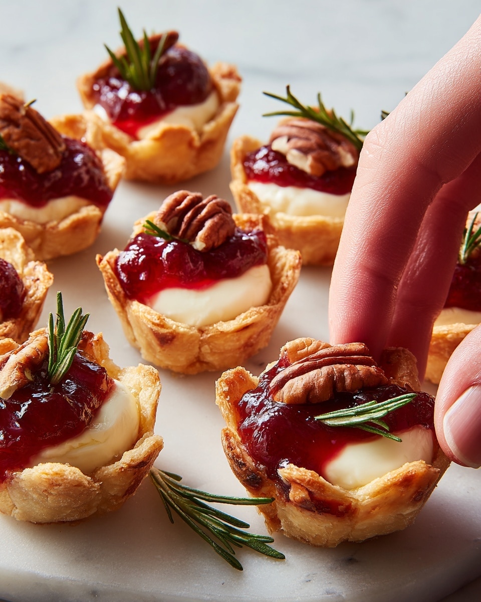 Mini tartlets are shown in this image, each with a golden-brown crispy crust forming a small cup shape. Inside, there is a layer of creamy white cheese that looks soft and melty, topped with bright red cranberry sauce that has a chunky texture. Some tartlets have small brown pecan pieces scattered on the cranberry sauce. Green sprigs of fresh rosemary stick out from the filling on several tartlets, adding a pop of color. One tartlet is broken open, revealing the layers clearly with the crust, melted cheese, cranberry sauce, and pecans. All the tartlets sit on a white marbled surface, and the photo is taken with an iphone --ar 4:5 --v 7