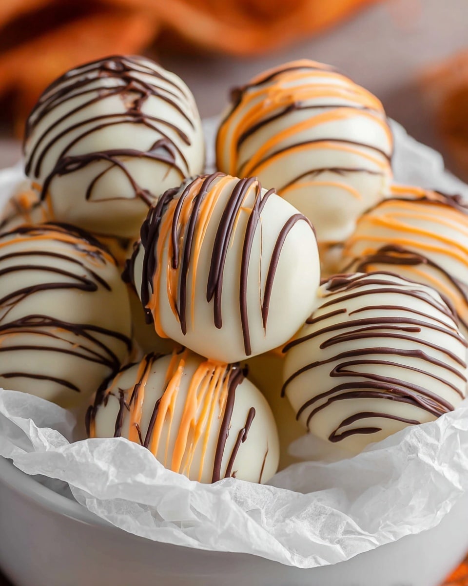 A group of round white chocolate balls arranged closely together on white crumpled paper inside a white bowl; each ball is covered in smooth white chocolate and decorated with thin chaotic lines of dark brown and bright orange chocolate drizzled on top in various directions, giving a festive look. The background shows a soft focus with hints of orange and brown colors. Photo taken with an iphone --ar 4:5 --v 7